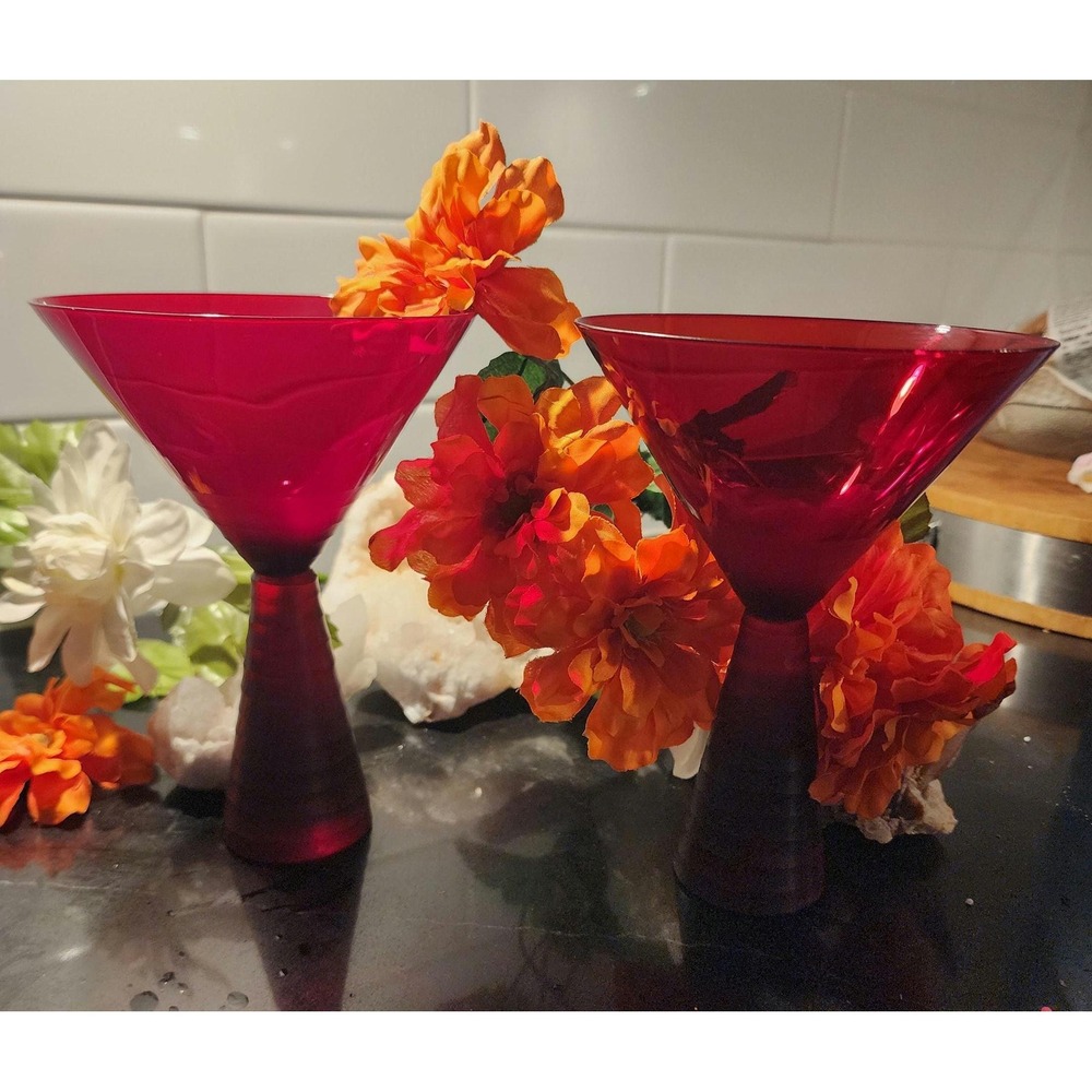 Vintage Mikasa Ruby Red Martini Glasses Set of 2 Ribbed Cone Stem Cranberry - Picture 5 of 6
